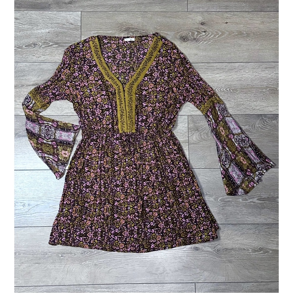 Rebellion Floral Bell Sleeve Prairie Mini Dress in Fall Colors - Picture 2 of 12